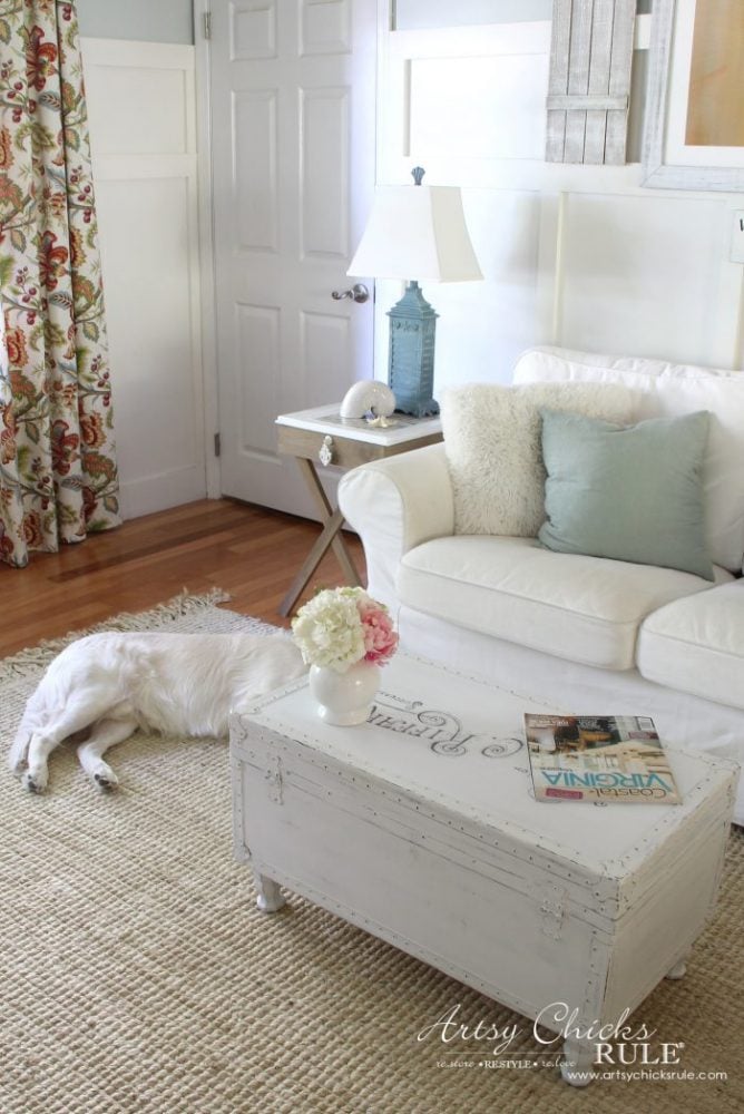 Old Trunk Coffee Table , a THRIFY Makeover! - artsychicksrule.com #trunkcoffeetable #oldtrunkmakeover #frenchgraphics #cottagedecor #repurposedtrunk