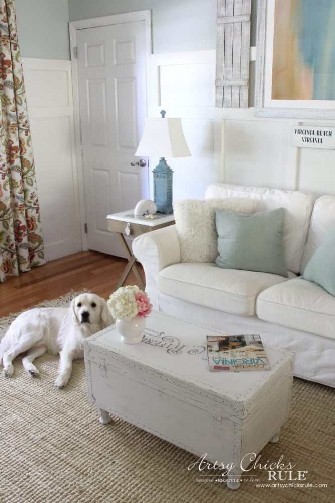 Old Trunk Coffee Table , a THRIFY Makeover! - artsychicksrule.com #trunkcoffeetable #oldtrunkmakeover #frenchgraphics #cottagedecor #repurposedtrunk