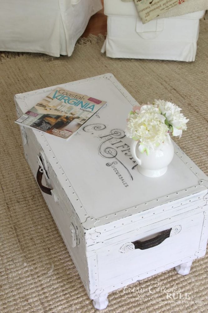 Old Trunk Coffee Table , a THRIFY Makeover! - artsychicksrule.com #trunkcoffeetable #oldtrunkmakeover #frenchgraphics #cottagedecor #repurposedtrunk