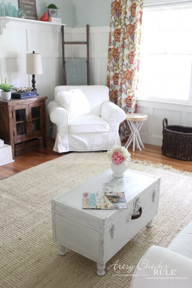 Old Trunk Coffee Table , a THRIFY Makeover! - artsychicksrule.com #trunkcoffeetable #oldtrunkmakeover #frenchgraphics #cottagedecor #repurposedtrunk