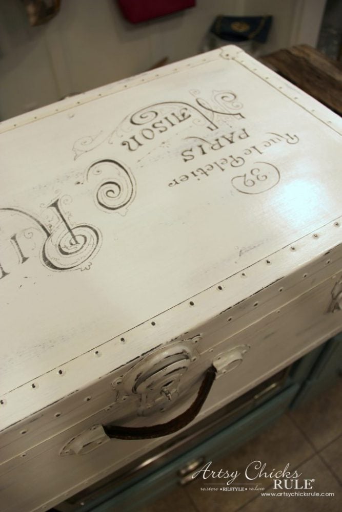 Old Trunk Coffee Table , a THRIFY Makeover! - artsychicksrule.com #trunkcoffeetable #oldtrunkmakeover #frenchgraphics #cottagedecor #repurposedtrunk