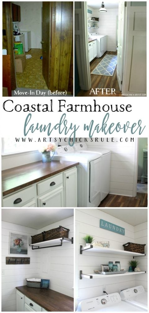 Coastal Farmhouse Laundry Reveal - before and after changes artsychicksrule.com #coastallaundry #coastaldecor #coastalhome #farmhousedecor #farmhouselaundry #laundryroomideas #industrialdecor #moodboard #coastalprojects #farmhouseprojects #fixerupper 