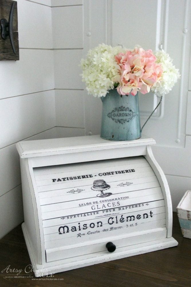 white french bread box with flowers