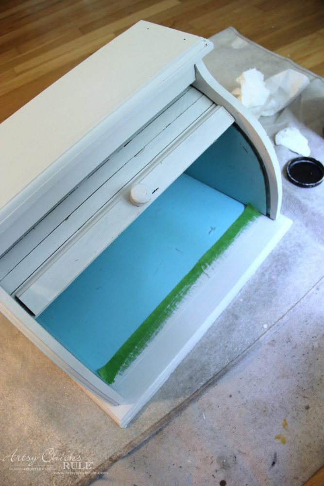 white and aqua bread box