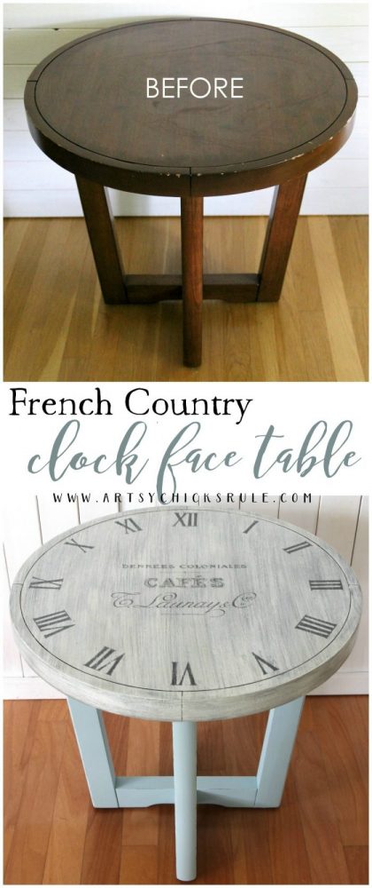 French Country Clock Face Table Makeover artsychicksrule.com #clockface #clockfacetable #paintedfurniture #frenchcountry 