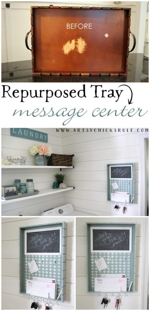 Repurposed Tray Turned Message Center artsychicksrule.com