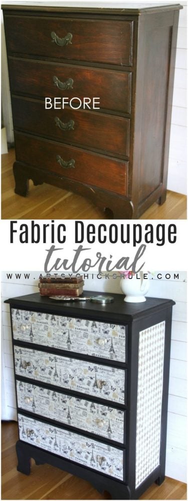 Love this! French Fabric Decoupage Tutorial - artsychicksrule.com #fabricdecoupage #decoupage #chalkpaint #frenchdecor