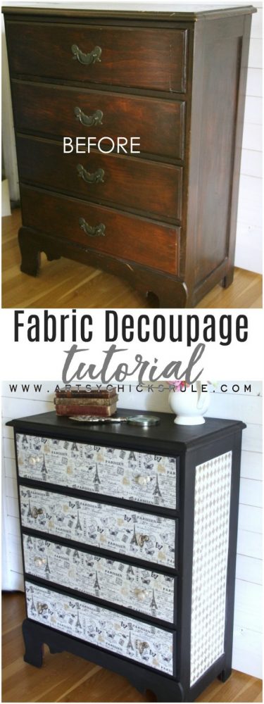 Decoupage is a great way to create a unique finish and a beautiful designer's touch to your furniture projects. And the design choices are endless when you use fabric. Follow along to see how-to in this fabric decoupage tutorial I'm sharing below. artsychicksrule.com