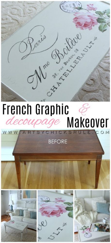 French Graphic & Decoupage Coffee Table Makeover artsychicksrule.com #frenchcountry #frenchgraphic #decoupage