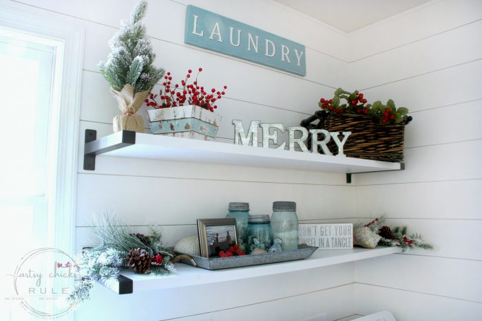 A festive Christmas laundry room!! Lots of coastal touches too! artsychicksrule.com #coastalChristmas #Christmasdecor #Christmaslaundry #laundryroom #holidaydecor #holidayideas