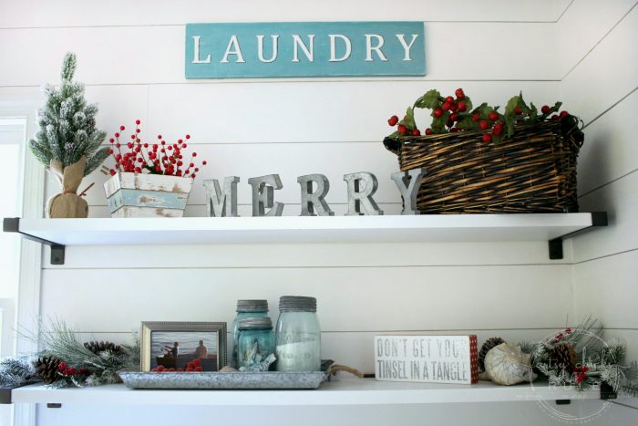 A festive Christmas laundry room!! Lots of coastal touches too! artsychicksrule.com #coastalChristmas #Christmasdecor #Christmaslaundry #laundryroom #holidaydecor #holidayideas