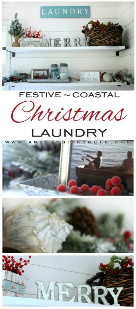 A festive Christmas laundry room!! Lots of coastal touches too! artsychicksrule.com #coastalChristmas #Christmasdecor #Christmaslaundry #laundryroom #holidaydecor #holidayideas
