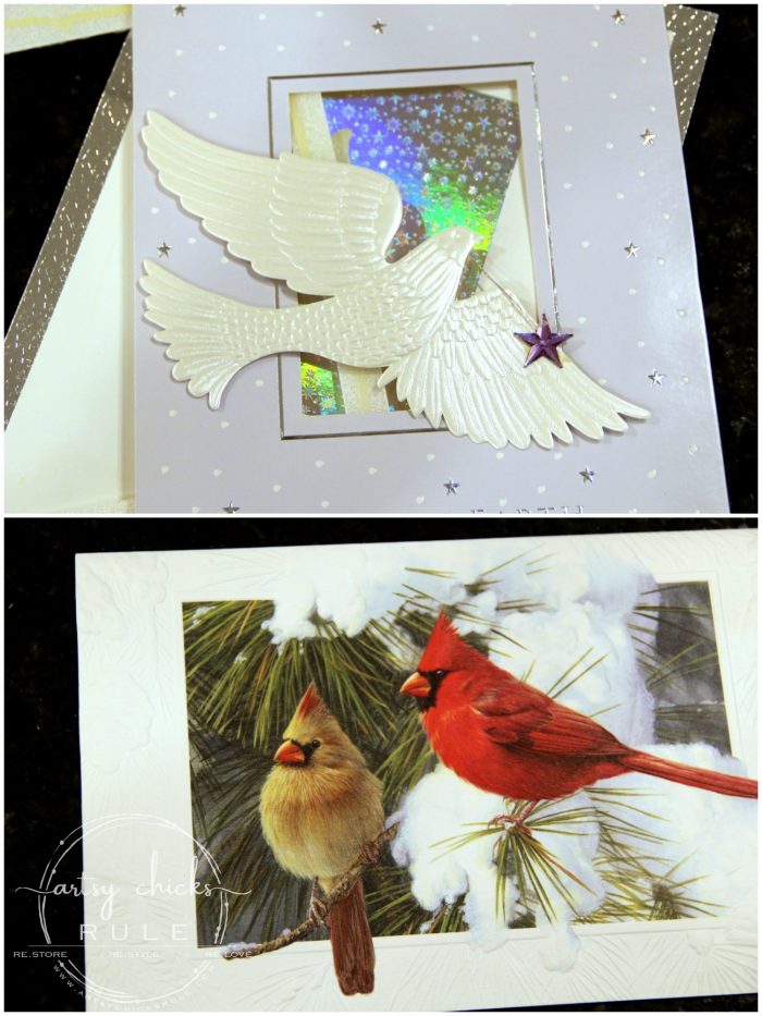 Christmas Cards Repurposed .....MULTIPLE ways!! Don't throw them out or stick them in a drawer...use them! artsychicksrule.com #christmascardsrepurposed #cardsrepurposed #repurposedprojects #diychristmasornament #christmascrafts