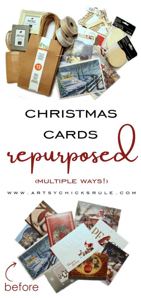 Christmas Cards Repurposed .....MULTIPLE ways!! Don't throw them out or stick them in a drawer...use them! artsychicksrule.com #christmascardsrepurposed #cardsrepurposed #repurposedprojects #diychristmasornament #christmascrafts