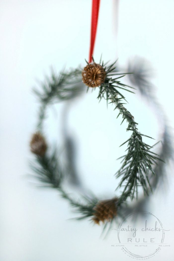 These wispy little DIY mini wreaths are so easy to make! And budget friendly too! artsychicksrule.com #miniwreaths #diywreaths #christmaswreaths #diyminiwreaths