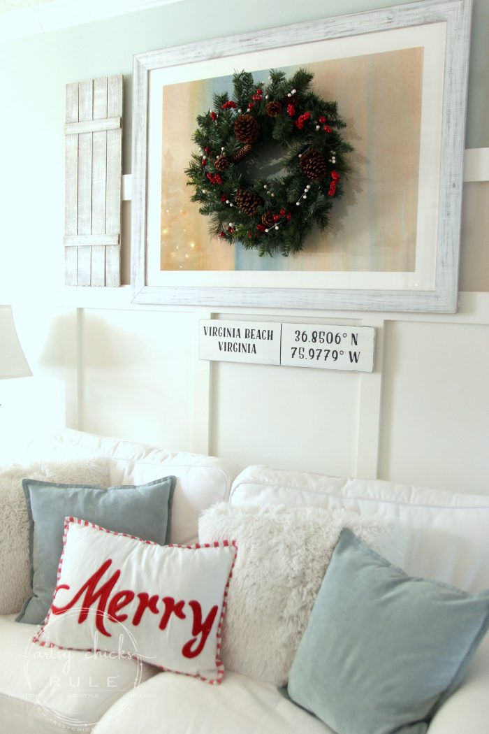 Festive Christmas Family Room - artsychicksrule.com #coastalChristmas #Christmashometour #festivedecor #Christmasdecor #redChristmas