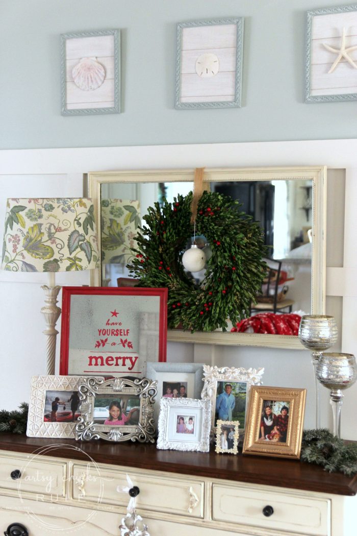 Festive Christmas Family Room - artsychicksrule.com #coastalChristmas #Christmashometour #festivedecor #Christmasdecor #redChristmas