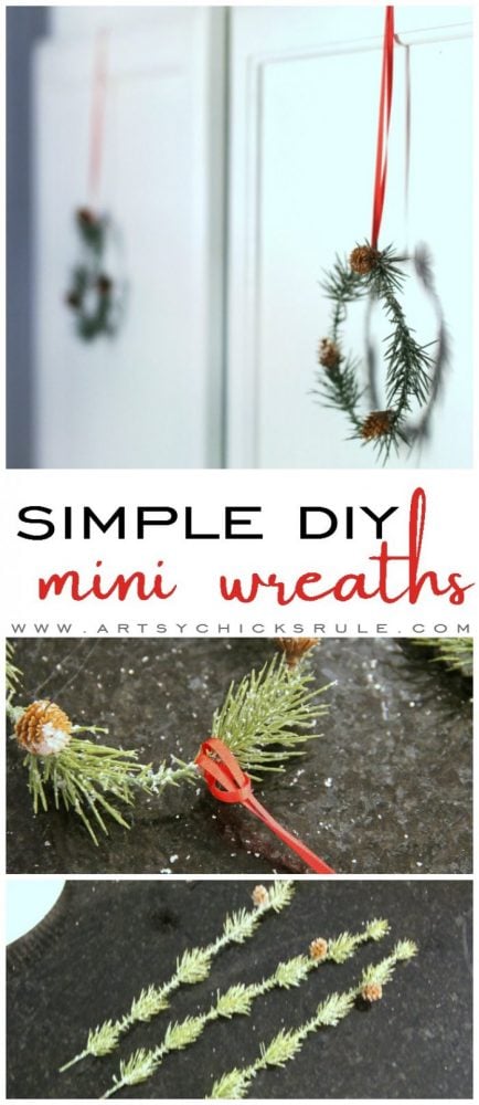 These wispy little DIY mini wreaths are so easy to make! And budget friendly too! artsychicksrule.com #miniwreaths #diywreaths #christmaswreaths #diyminiwreaths