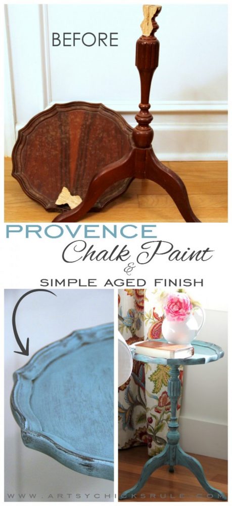 Create this SIMPLE aged finish! (done with Chalk Paint or any paint!) artsychicksrule.com #provencechalkpaint #chalkpaintedantique #chalkpaintedfurniture #agedfinish