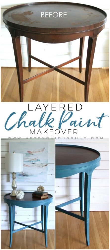 Layered Chalk Paint Makeover Tutorial - artsychicksrule.com #layeredchalkpaint #chalkpaintmakeover #paintedfurniture #aubussonblue 