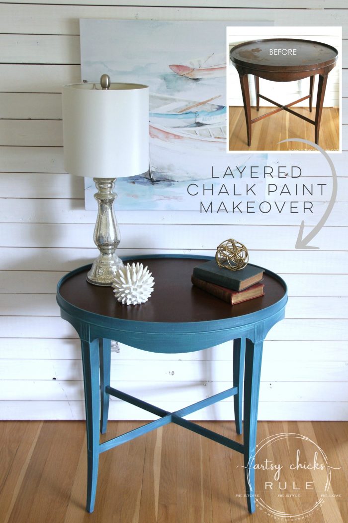 Layered Chalk Paint Makeover Tutorial - artsychicksrule.com #layeredchalkpaint #chalkpaintmakeover #paintedfurniture #aubussonblue