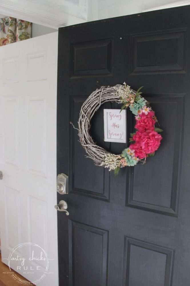 "Spring Has Sprung" SIMPLE Spring Floral Wreath! artsychicksrule.com #springfloralwreath #springwreath #diywreath #springhassprung #springquotes #springdecor