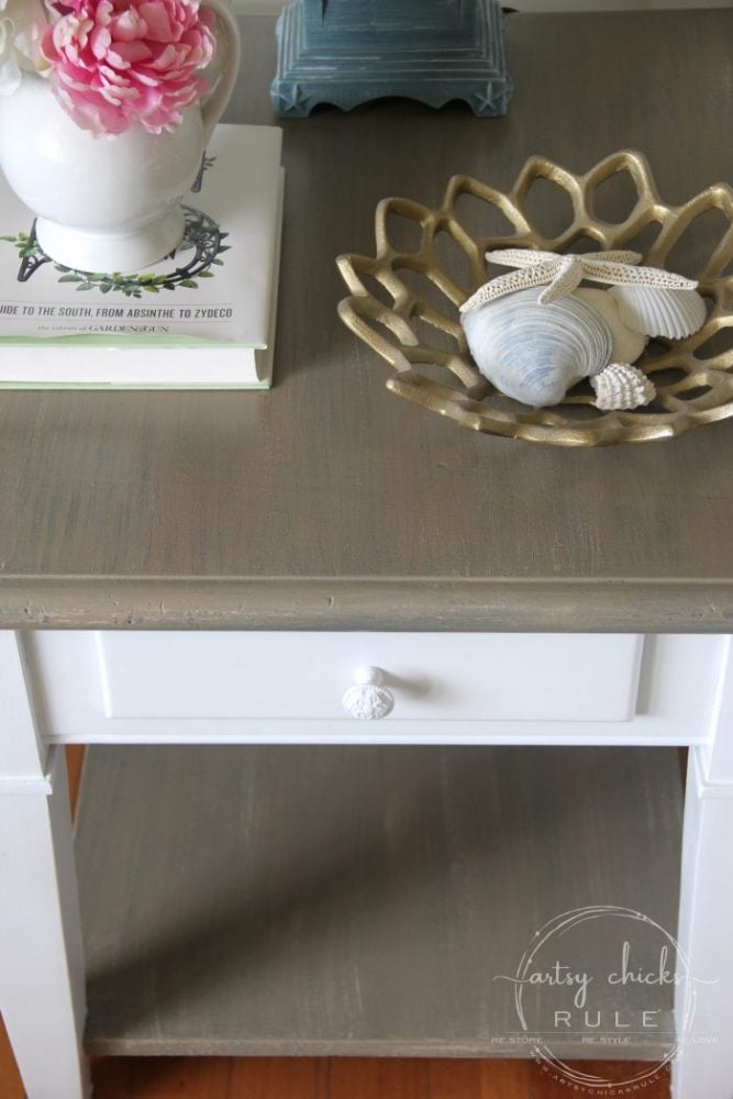 Coastal Style Chalk Paint Makeover (and FAUX Weathered Finish with just 2 paints!) EASY! artsychicksrule.com #fauxweatheredfinish #weatheredfinish #chalkpaintmakeover #paintedfurniture #coastalstyle #coastaldecor #chalkpaintfurniture