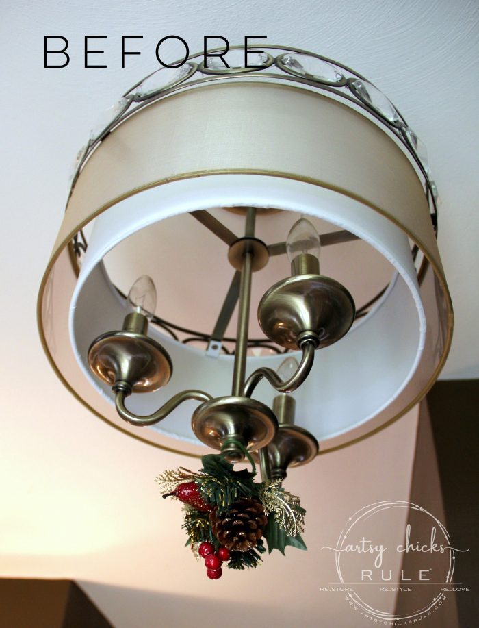 How To Paint Light Fixtures (with this simple trick!!) artsychicksrule.com #paintlightfixtures #paintedlightfixtures #paintedchandelier #fauxverdigris #fauxpatina #chalkpaint #chalkpaintedlight