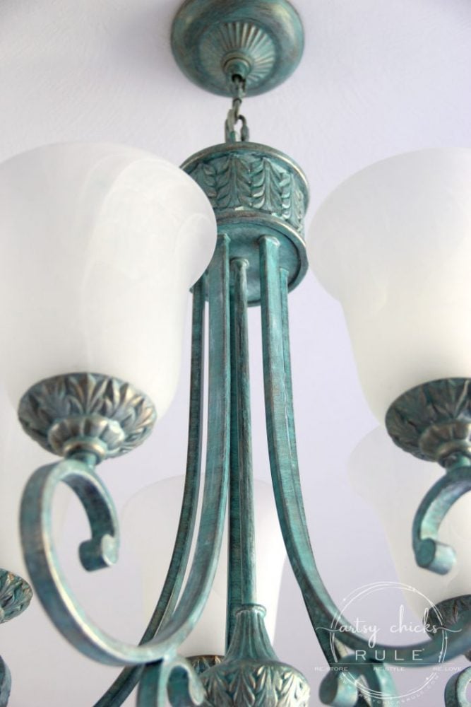 How To Paint Light Fixtures (with this simple trick!!) artsychicksrule.com #paintlightfixtures #paintedlightfixtures #paintedchandelier #fauxverdigris #fauxpatina #chalkpaint #chalkpaintedlight