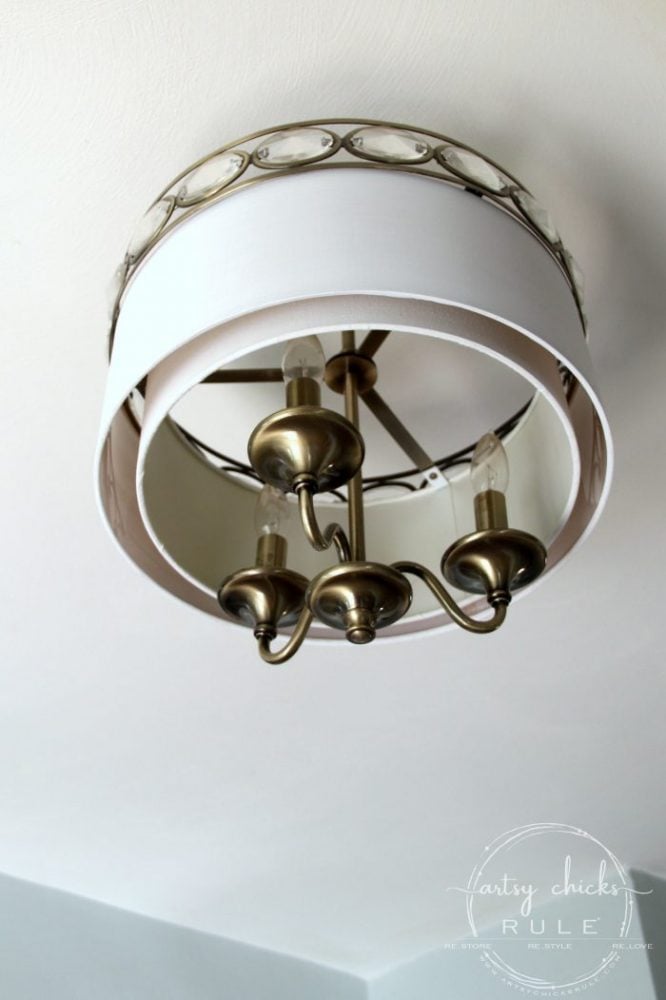 How To Paint Light Fixtures (with this simple trick!!) artsychicksrule.com #paintlightfixtures #paintedlightfixtures #paintedchandelier #fauxverdigris #fauxpatina #chalkpaint #chalkpaintedlight