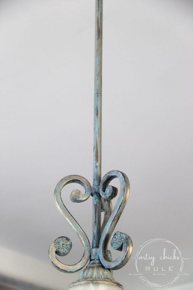 How To Paint Light Fixtures (with this simple trick!!) artsychicksrule.com #paintlightfixtures #paintedlightfixtures #paintedchandelier #fauxverdigris #fauxpatina #chalkpaint #chalkpaintedlight