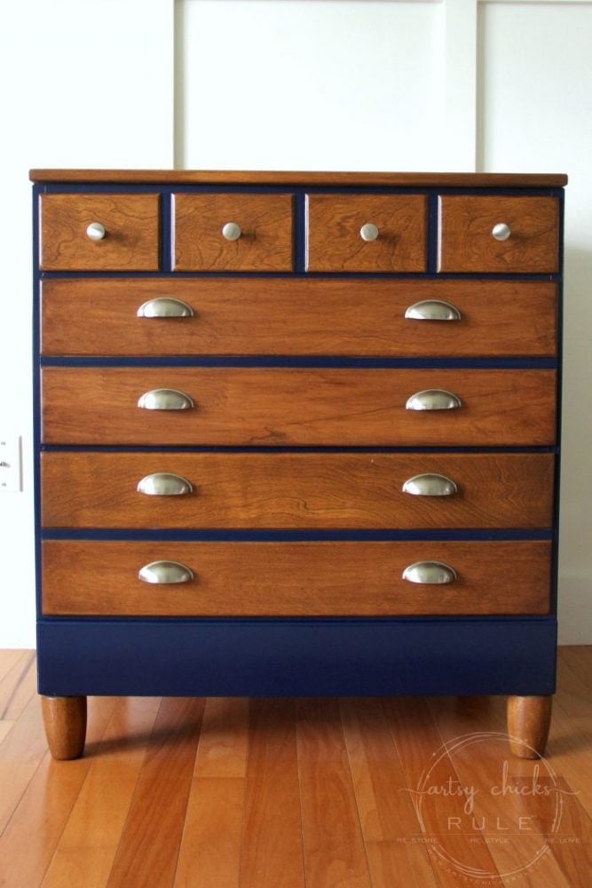 Coastal Blue & Antique Walnut Gel Stain Dresser Makeover artsychicksrule.com #antiquewalnutgelstain #generalfinishes #javagel #coastalblue #dressermakeover #paintedfurniture #furnituremakeover #boydresser #stainedresser #milkpaintdresser