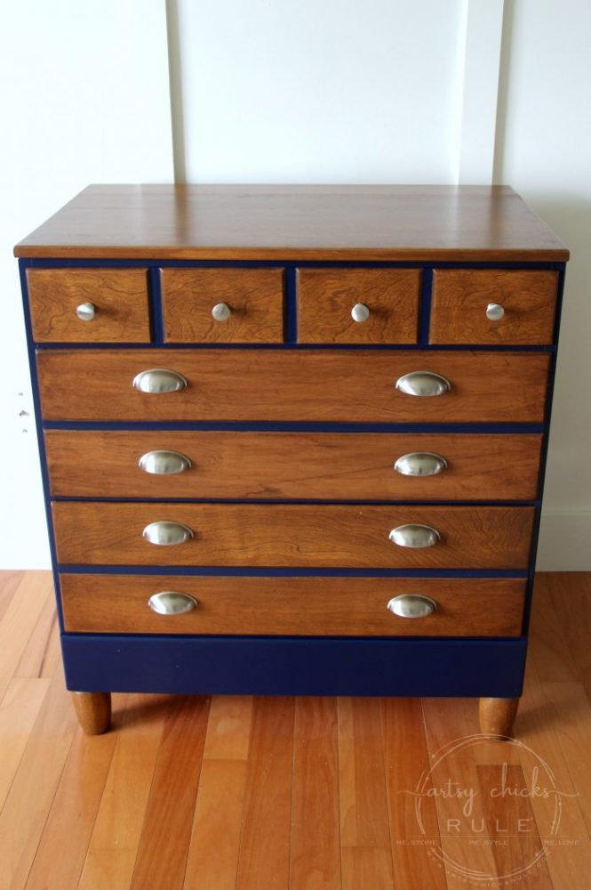 Coastal Blue & Antique Walnut Gel Stain Dresser Makeover artsychicksrule.com #antiquewalnutgelstain #generalfinishes #javagel #coastalblue #dressermakeover #paintedfurniture #furnituremakeover #boydresser #stainedresser #milkpaintdresser