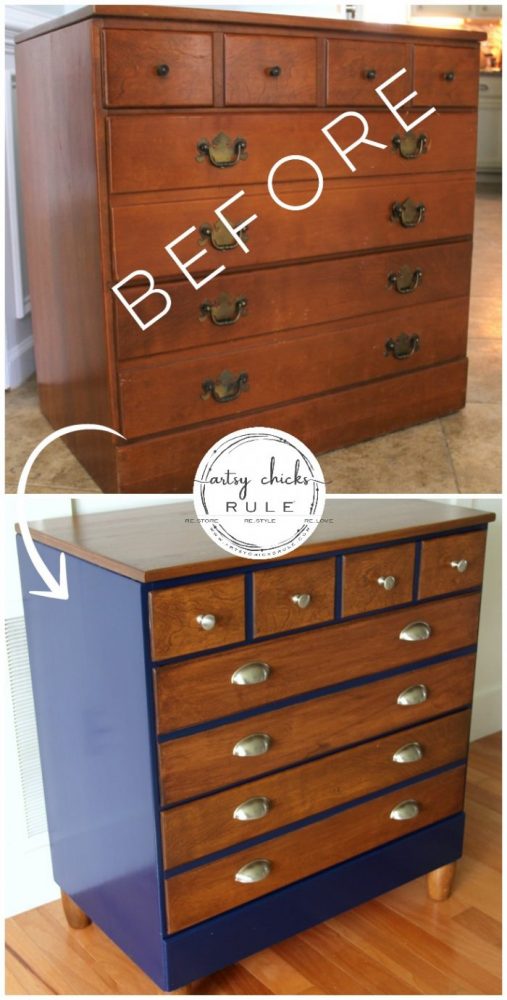 Coastal Blue & Antique Walnut Gel Stain Dresser Makeover artsychicksrule.com #antiquewalnutgelstain #generalfinishes #javagel #coastalblue #dressermakeover #paintedfurniture #furnituremakeover #boydresser #stainedresser #milkpaintdresser