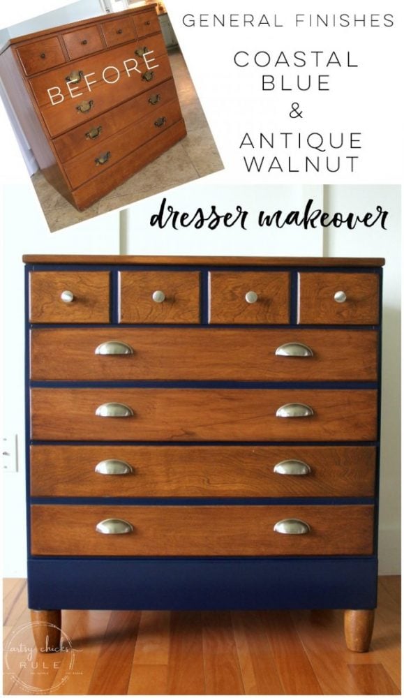 Coastal Blue & Antique Walnut Gel Stain Dresser Makeover artsychicksrule.com #antiquewalnutgelstain #generalfinishes #javagel #coastalblue #dressermakeover #paintedfurniture #furnituremakeover #boydresser #stainedresser #milkpaintdresser