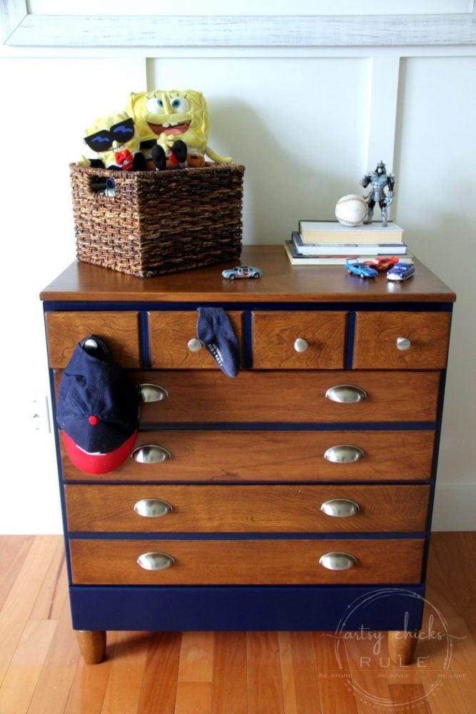 Coastal Blue & Antique Walnut Gel Stain Dresser Makeover artsychicksrule.com #antiquewalnutgelstain #generalfinishes #javagel #coastalblue #dressermakeover #paintedfurniture #furnituremakeover #boydresser #stainedresser #milkpaintdresser