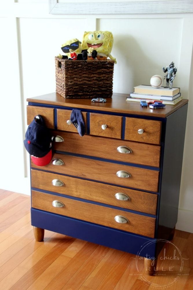 Coastal Blue & Antique Walnut Gel Stain Dresser Makeover artsychicksrule.com #antiquewalnutgelstain #generalfinishes #javagel #coastalblue #dressermakeover #paintedfurniture #furnituremakeover #boydresser #stainedresser #milkpaintdresser