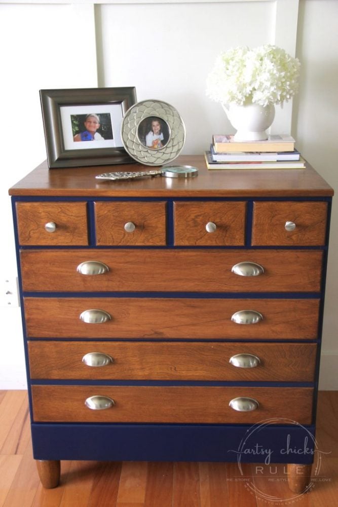 Coastal Blue & Antique Walnut Gel Stain Dresser Makeover artsychicksrule.com #antiquewalnutgelstain #generalfinishes #javagel #coastalblue #dressermakeover #paintedfurniture #furnituremakeover #boydresser #stainedresser #milkpaintdresser