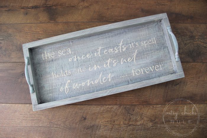 Dated decor turned weathered finish tray!! SIMPLE makeover!! Full tutorial here! artsychicksrule.com #weatheredfinish #diyweatheredwood #weatheredwoodfinish #repurposeddecor #repurposedmakeover #chalkpaintprojects