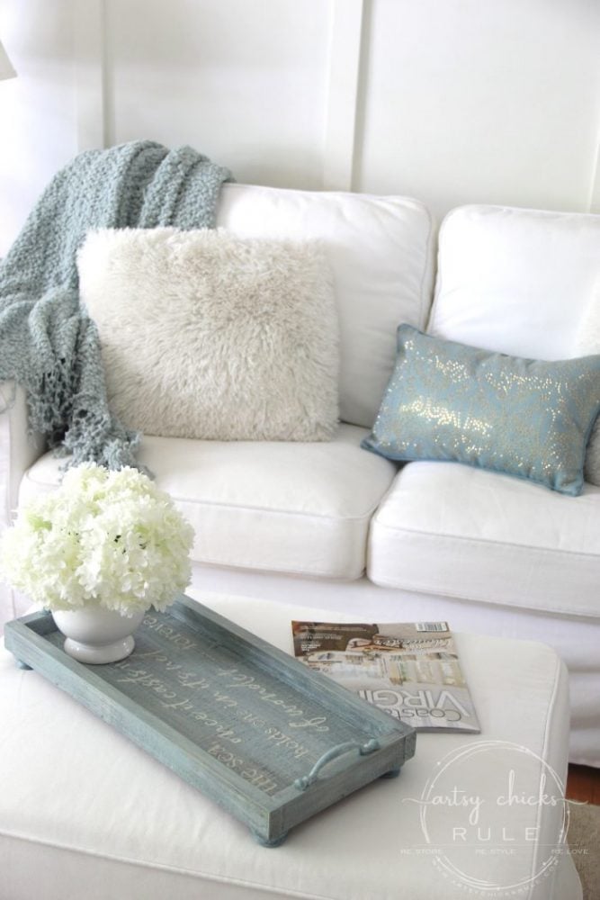 blue painted tray with white script