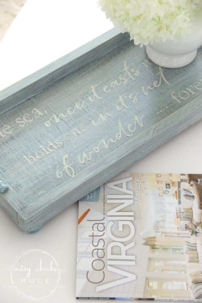 Dated decor turned weathered finish tray!! SIMPLE makeover!! Full tutorial here! artsychicksrule.com #weatheredfinish #diyweatheredwood #weatheredwoodfinish #repurposeddecor #repurposedmakeover #chalkpaintprojects