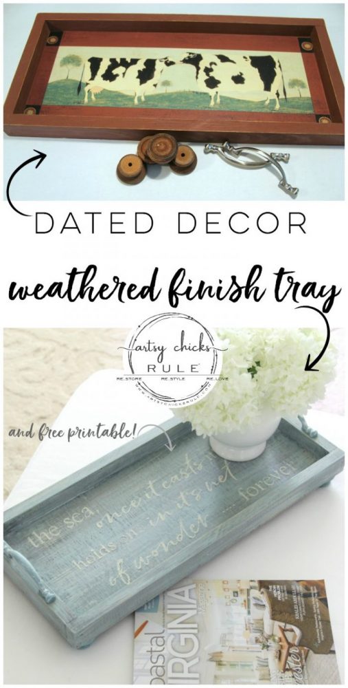 Dated decor turned weathered finish tray!! SIMPLE makeover!! Full tutorial here! artsychicksrule.com #weatheredfinish #diyweatheredwood #weatheredwoodfinish #repurposeddecor #repurposedmakeover #chalkpaintprojects