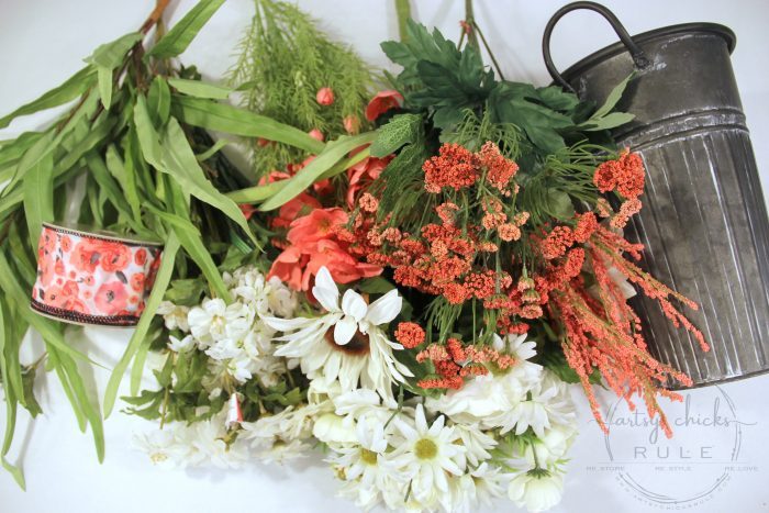 Flower Pail Wreath - EASY Wildflower Look!! artsychicksrule.com #flowerpailwreath #uniquewreathideas #wildflowerwreath #floralwreath #floralwallhanging #floralarrangement #flowercrafts #diywreath