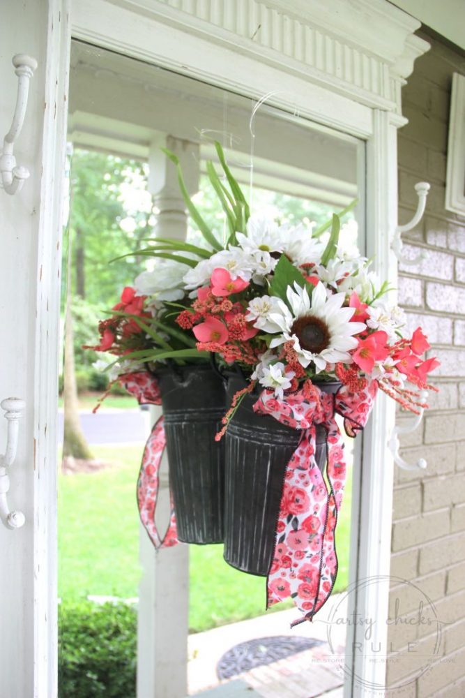 Flower Pail Wreath - EASY Wildflower Look!! artsychicksrule.com #flowerpailwreath #uniquewreathideas #wildflowerwreath #floralwreath #floralwallhanging #floralarrangement #flowercrafts #diywreath