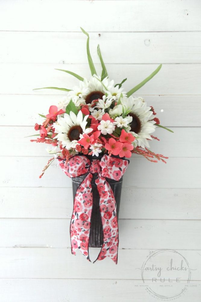Flower Pail Wreath - EASY Wildflower Look!! artsychicksrule.com #flowerpailwreath #uniquewreathideas #wildflowerwreath #floralwreath #floralwallhanging #floralarrangement #flowercrafts #diywreath