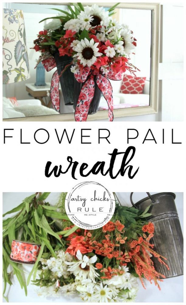 Flower Pail Wreath - EASY Wildflower Look!! artsychicksrule.com #flowerpailwreath #uniquewreathideas #wildflowerwreath #floralwreath #floralwallhanging #floralarrangement #flowercrafts #diywreath