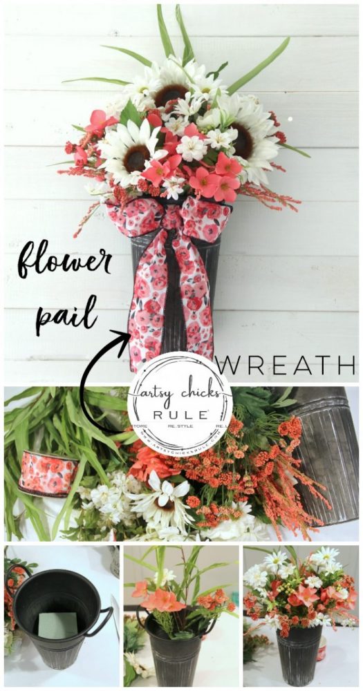 Flower Pail Wreath - EASY Wildflower Look!! artsychicksrule.com #flowerpailwreath #uniquewreathideas #wildflowerwreath #floralwreath #floralwallhanging #floralarrangement #flowercrafts #diywreath