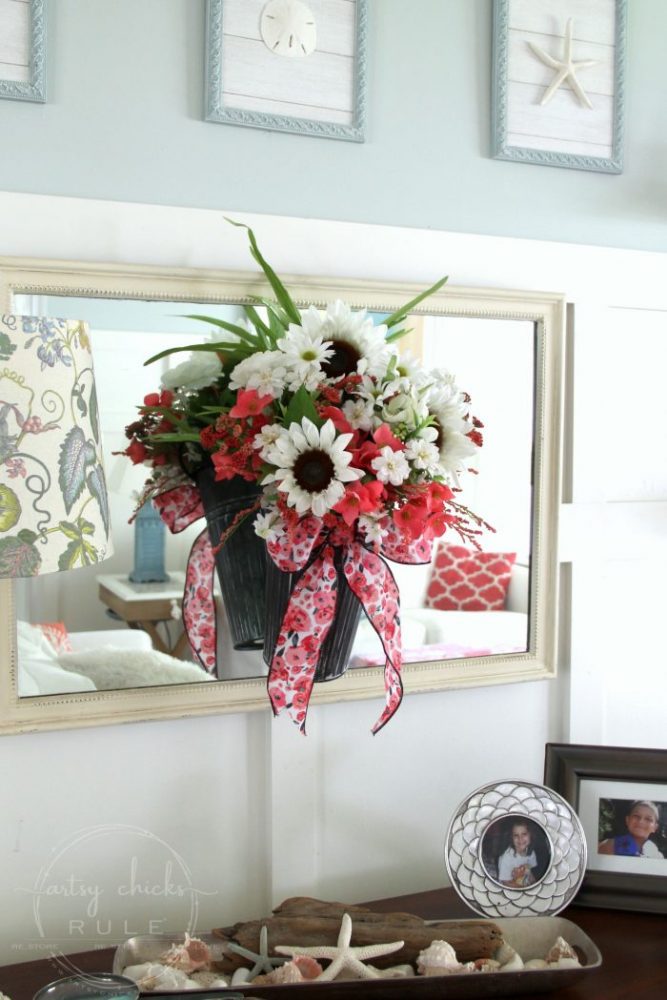 Flower Pail Wreath - EASY Wildflower Look!! artsychicksrule.com #flowerpailwreath #uniquewreathideas #wildflowerwreath #floralwreath #floralwallhanging #floralarrangement #flowercrafts #diywreath