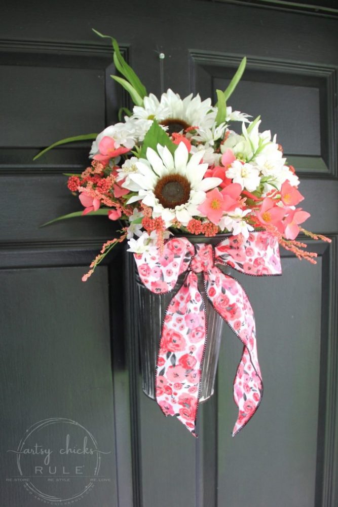 Flower Pail Wreath - EASY Wildflower Look!! artsychicksrule.com #flowerpailwreath #uniquewreathideas #wildflowerwreath #floralwreath #floralwallhanging #floralarrangement #flowercrafts #diywreath