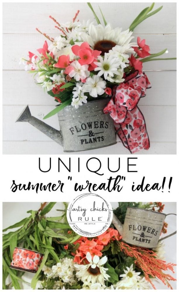 Unique Summer Wreath Idea!! Watering Can with Flowers to hang OR display on a shelf, etc. artsychicksrule.com #wateringcanwreath #uniquewreathideas #summerwreath #wildflowerwreath #wreathideas #summerdecor